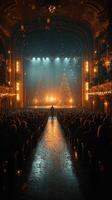 Audience enjoys a festive show with trees and lights in an ornate theater during a winter event photo
