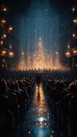 Crowd mesmerized by a stunning light performance in a grand theater during an evening show photo