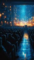 People watching a captivating performance in a grand theater with brilliant lighting and an immersive backdrop photo