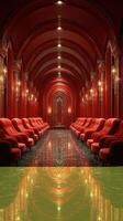 Luxurious red corridor with plush seating and stunning reflections in an elegant interior design space photo