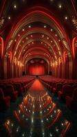 Elegant theater interior showcases rich red decor and stunning lighting with empty seats ready for the performance at night photo