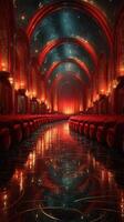 Luxurious theater interior with red decor and glimmering floor illuminated by soft lights photo