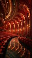 Ornate theater interior with red velvet seats and intricate architectural details illuminated by soft lighting photo