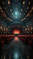 Elegant theater interior features red seating and dramatic stage lights for a captivating performance experience photo