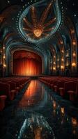 Elegant theater interior with illuminated stage and ornate decorations during a performance night photo