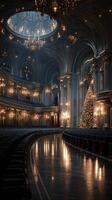 Elegant theater hall decorated for the holiday season with a glowing Christmas tree and intricate architecture photo