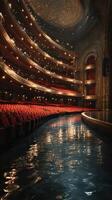 Luxurious theater interior featuring rows of red seats and shimmering water reflections during a vibrant performance photo