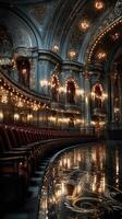 Elegant theater interior showcasing detailed architecture and enchanting lighting before a performance in the evening photo