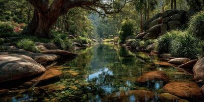 Serene river flows through lush greenery in a tranquil natural setting during daylight hours photo