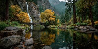 Beautiful autumn landscape with waterfall and reflection in serene lake located in a national park photo