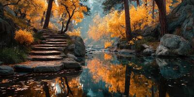 Autumn scenery features colorful trees along a tranquil river with reflective waters in a serene forest setting photo