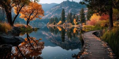 Vibrant autumn colors reflect on a serene lake surrounded by mountains and trees during golden hour photo