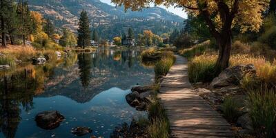 Autumn landscape with wooden pathway by serene lake and colorful trees in tranquil setting photo