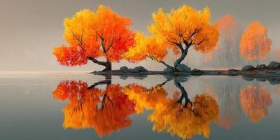 Autumn trees reflect in calm water during sunrise with vibrant colors in a tranquil landscape photo