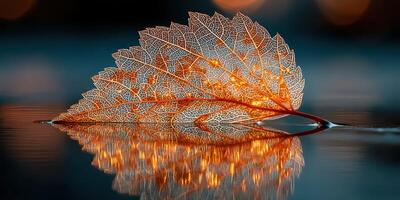 Delicate leaf illuminated by warm light reflecting on calm water surface in serene atmosphere photo