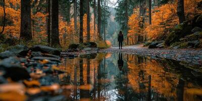 Person walking along a forest path with autumn foliage and reflections in a puddle in a serene setting at dusk photo