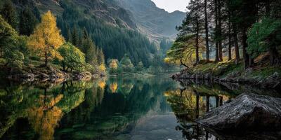 Reflections of autumn colors in a tranquil lake surrounded by mountains in a dense forest during early morning light photo