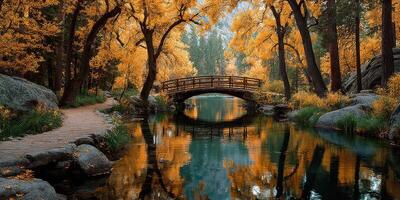 Beautiful autumn landscape with a wooden bridge over a tranquil river surrounded by vibrant fall foliage photo