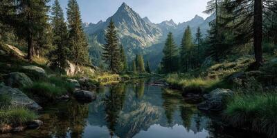 Tranquil mountain landscape with clear reflections in a serene lake during early morning hours photo