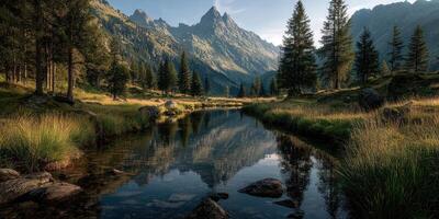 Mountain Reflection in a Serene River Surrounded by Tall Pines at Sunset photo