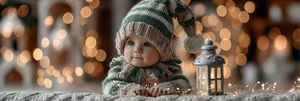 Baby dressed in festive winter attire with twinkling lights in a cozy indoor setting photo