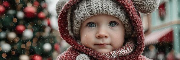 Child enjoying snowy winter season with festive decorations in the background photo