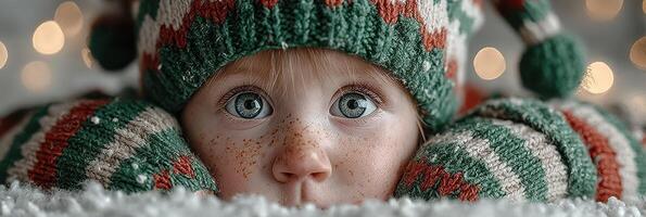 Cute child with bright blue eyes wearing a knitted hat and cozy sweater resting on soft white surface during winter holiday season photo