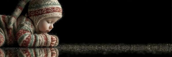 Cute baby in knitted outfit resting on reflective surface during cozy indoor setting photo