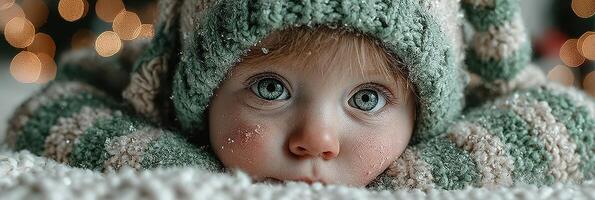 Cute baby in cozy striped winter hat gazing with big eyes while snowflakes surround in a festive atmosphere photo