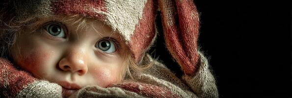 Child wearing rabbit hat looks curiously at the camera in a cozy indoor setting photo