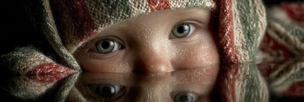 Close-up of a child's face with striking blue eyes reflected in water under soft light photo