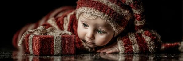 Cute baby in striped outfit poses on glossy surface during winter holiday preparation photo