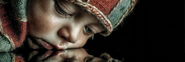 Child gazes thoughtfully at water reflection while wearing colorful knitted hat in a quiet indoor space photo