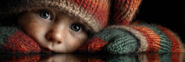 Cute child wearing knitted hat and mittens gazes thoughtfully while resting chin on hands in cozy indoor setting photo