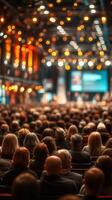 Crowd at a large conference with warm lighting and a presentation on stage in an industrial venue photo