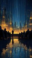 Captivated audience watches enchanting spectacle under shimmering lights at twilight photo