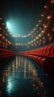 Elegant red seats await audience in a grand theater illuminated by soft lights and dramatic shadows photo