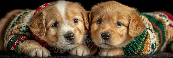 Cute puppies in festive sweaters displaying playful expressions on a dark background during winter season photo