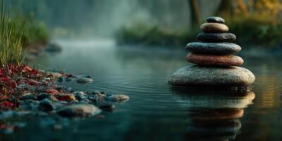 Serene stone stack balances on a calm riverbank surrounded by lush greenery photo