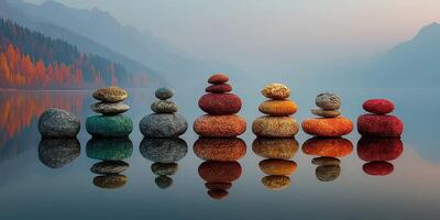 Balancing stones create a tranquil display by the calm lake at dawn in a serene natural setting photo