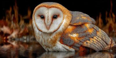 Barn owl perched calmly near the water during twilight, showcasing its distinct feather patterns and alert expression photo