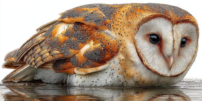 Barn owl perched quietly on a reflective surface with detailed feather patterns in a serene environment photo