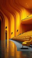 Vibrant modern theater interior featuring curved orange walls and empty seating in a charming setting photo