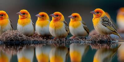 Group of vibrant yellow birds perched by a calm lake at dawn during spring season photo