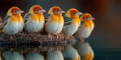 Colorful birds resting on a nest by calm water during sunset in a tranquil natural setting photo