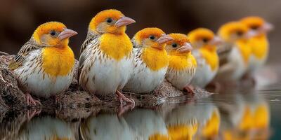 Colorful birds gather along the water's edge in a serene natural setting during daylight hours photo