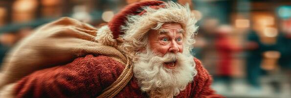 Santa Claus joyfully carrying a bag while running through a festive city during the holiday season photo