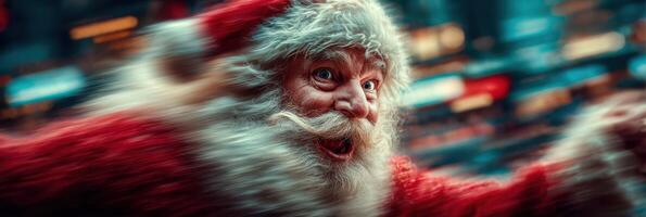Jolly figure in red suit joyfully celebrates the festive season with excitement in a vibrant urban setting photo