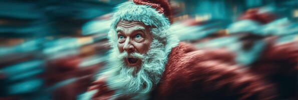 Excited Santa Claus running through a festive crowd during holiday celebrations in December photo