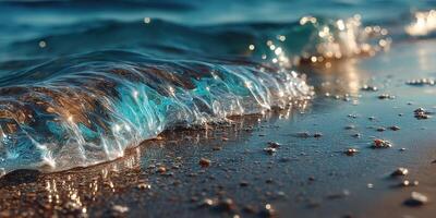 Waves gently crash on the sandy shore at sunset with sparkling water reflecting golden light photo